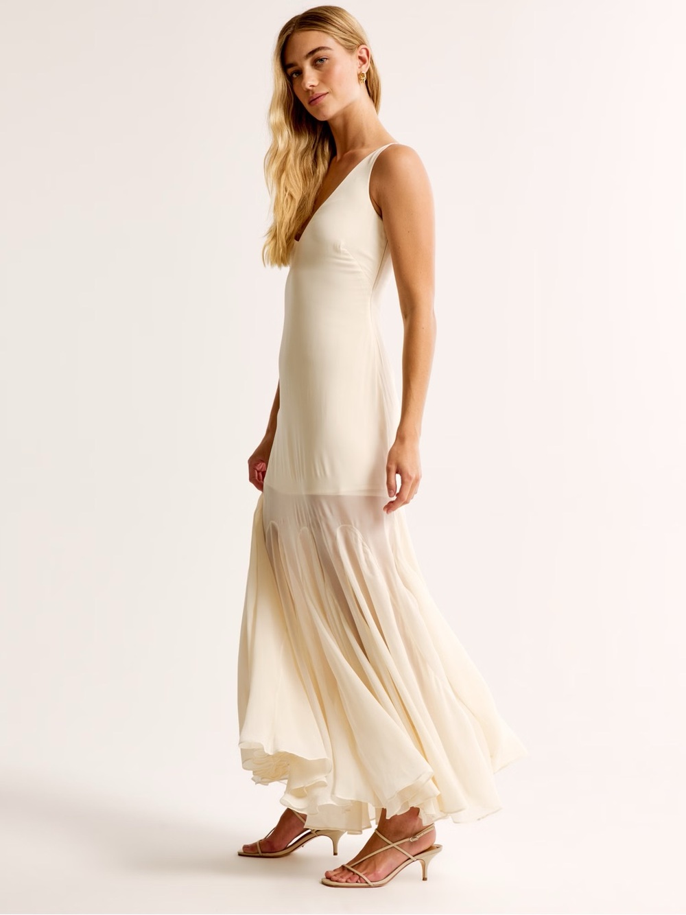 Abercrombie & Fitch Cream V-Neck Sheer-Panel Maxi Dress